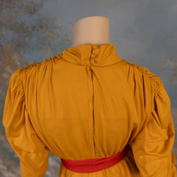 Vintage * LILLI ANN * 80s Mustard Yellow Draped Jumpsuit with Red Sash Belt - Picture 14 of 16